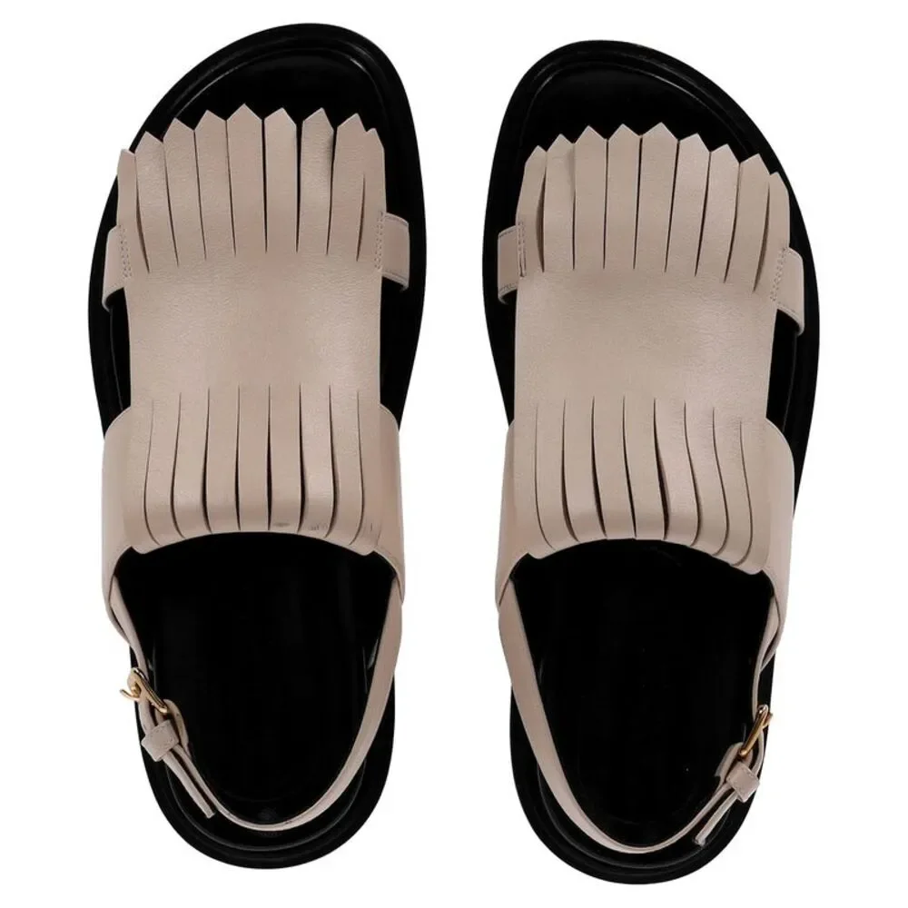 Marni Fussbett Fringed Sandals in Ivory Leather
